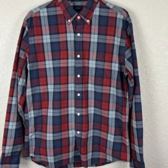 J Crew Red Blue Plaid Men’s Button Up Shirt Size Large Slim Business Preppy Work - Picture 1 of 6